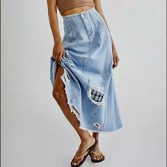 Free People Dresses & Skirts - Free People riptide Denim Maxi Midi Skirt Plaid Patched Destroyed Distre…